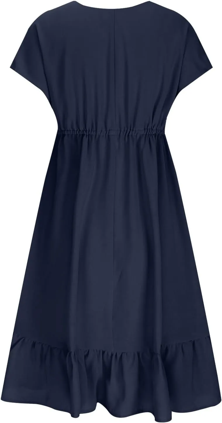 Women's Summer Dresses 2024 Short Sleeves V Neck Drawstring Waisted Casual Ruffle A-Line Swing Mini Babydoll Dress