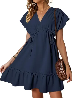 Women's Summer Dresses 2024 Short Sleeves V Neck Drawstring Waisted Casual Ruffle A-Line Swing Mini Babydoll Dress