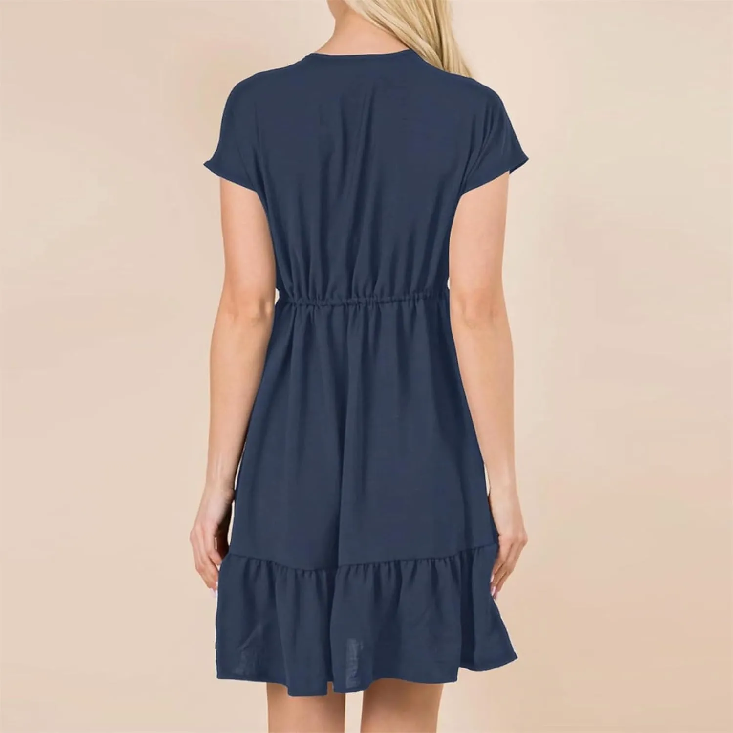 Women's Summer Dresses 2024 Short Sleeves V Neck Drawstring Waisted Casual Ruffle A-Line Swing Mini Babydoll Dress