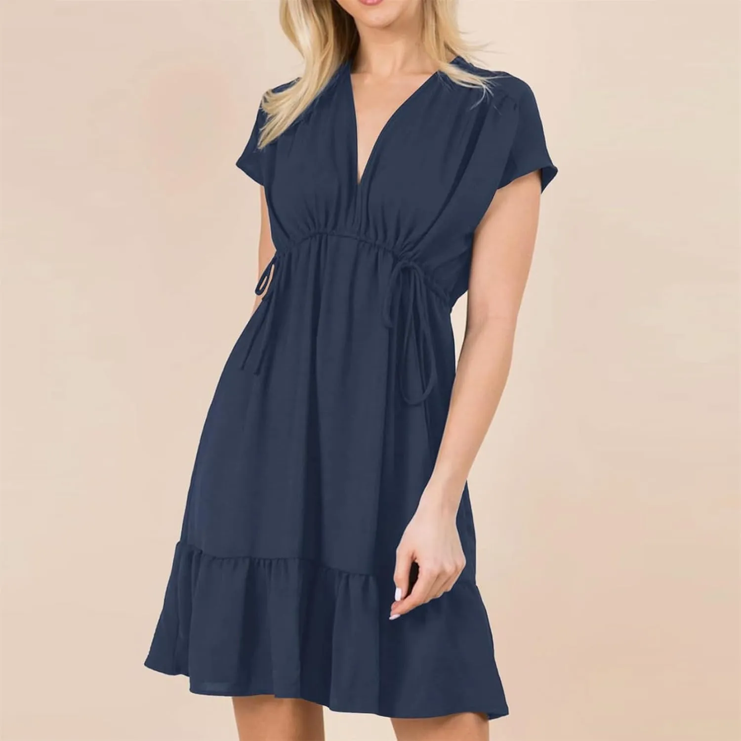 Women's Summer Dresses 2024 Short Sleeves V Neck Drawstring Waisted Casual Ruffle A-Line Swing Mini Babydoll Dress