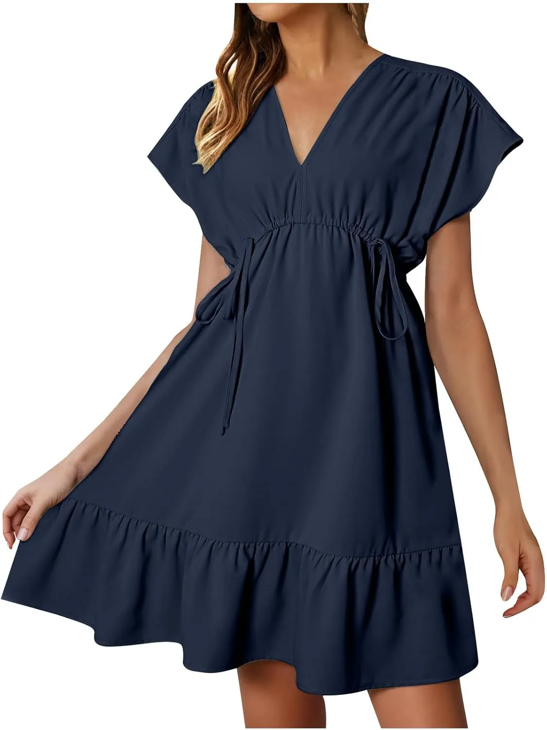 Women's Summer Dresses 2024 Short Sleeves V Neck Drawstring Waisted Casual Ruffle A-Line Swing Mini Babydoll Dress