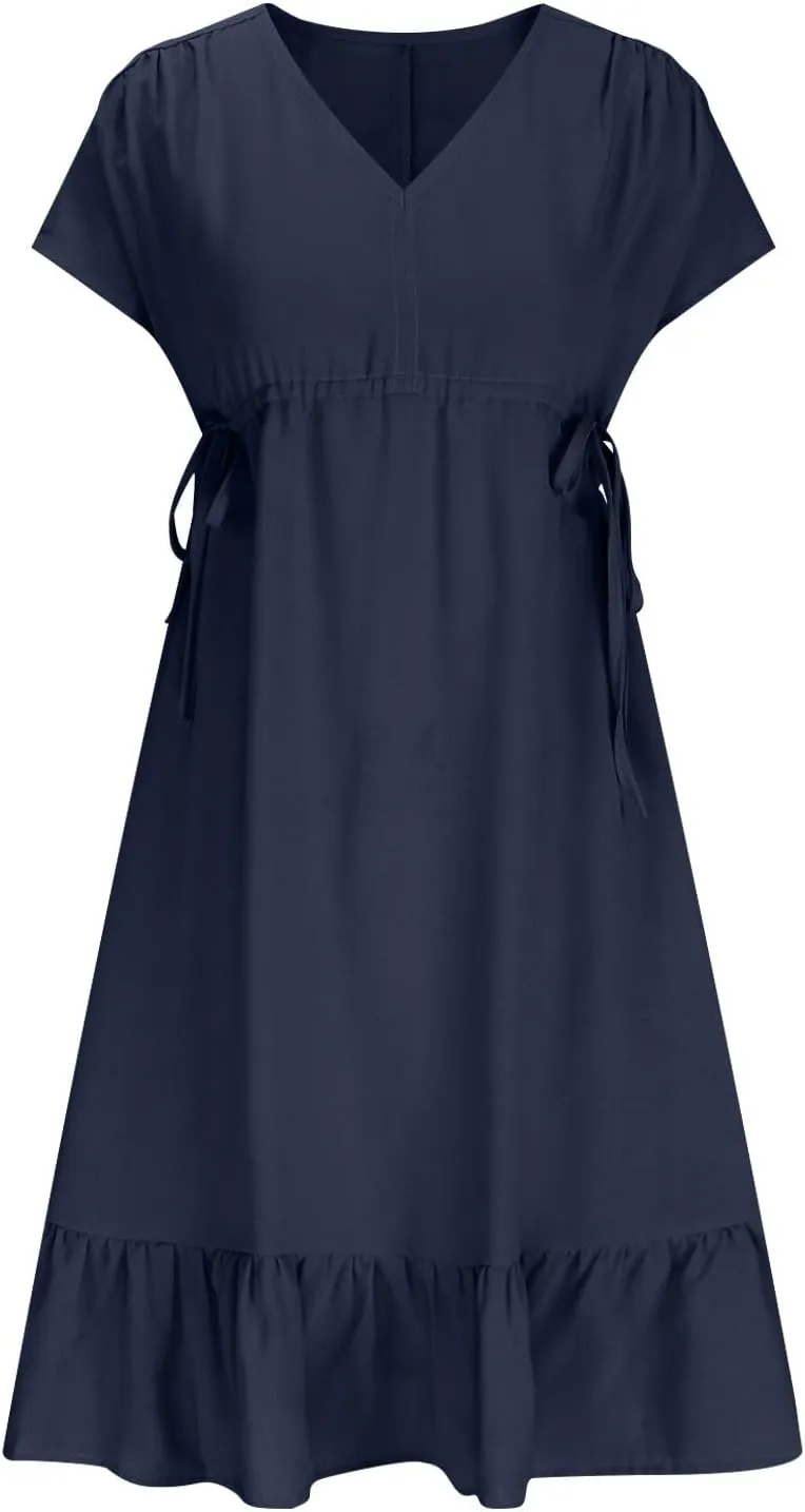 Women's Summer Dresses 2024 Short Sleeves V Neck Drawstring Waisted Casual Ruffle A-Line Swing Mini Babydoll Dress