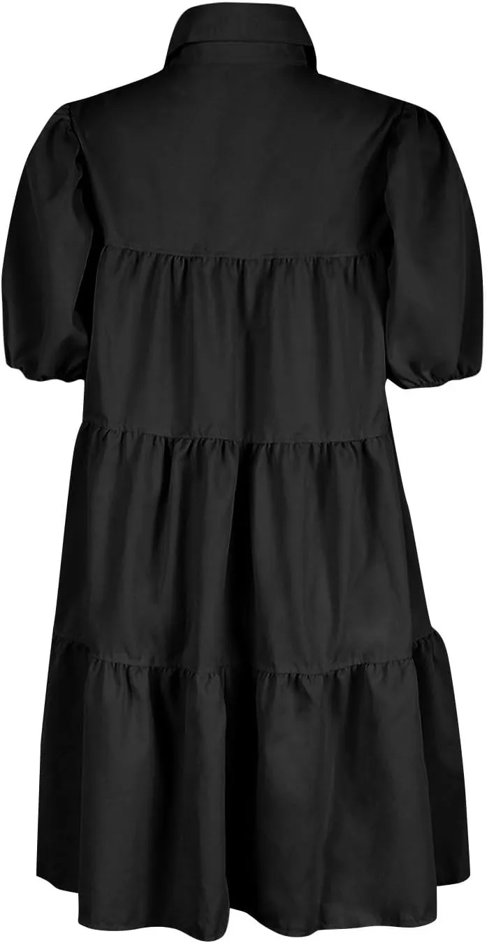 Womens Summer Dresses Casual Dress Cute Babydoll Short Sleeve Lapel Dress Boho Short Loose Flowy Shirt Sundresses
