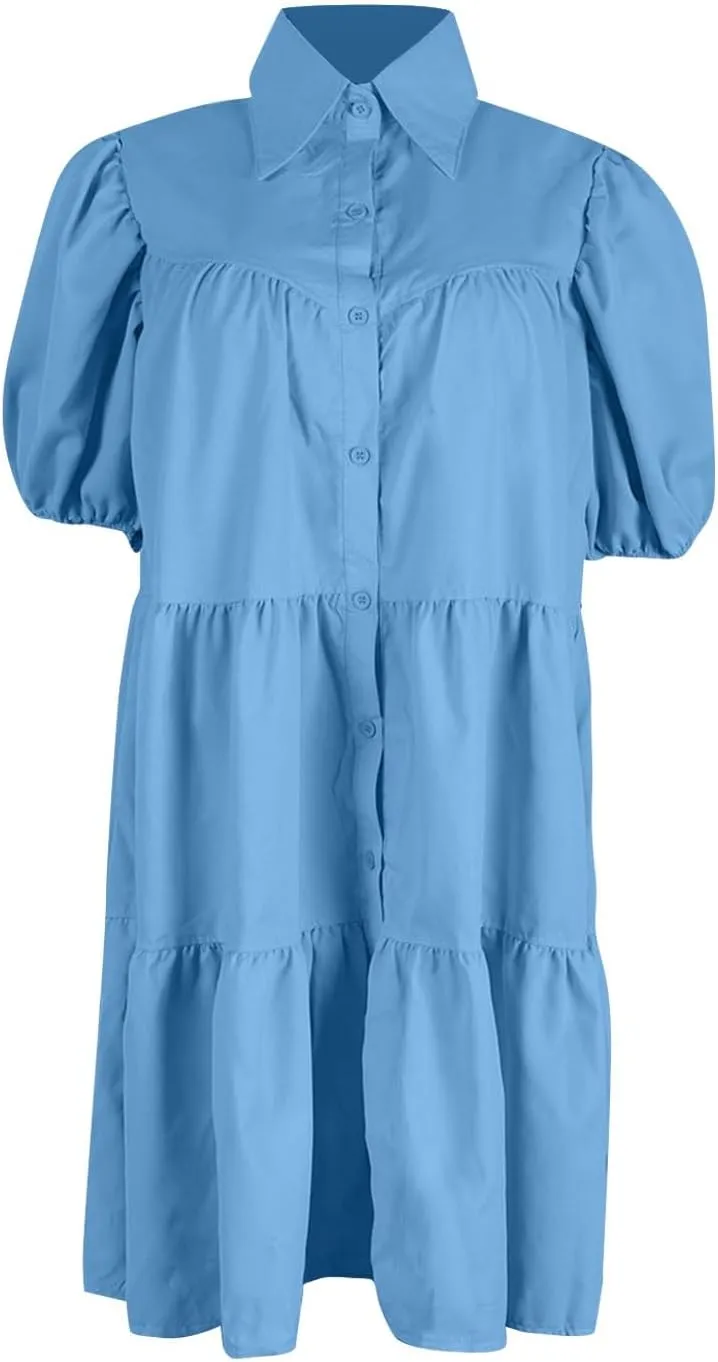 Womens Summer Dresses Casual Dress Cute Babydoll Short Sleeve Lapel Dress Boho Short Loose Flowy Shirt Sundresses
