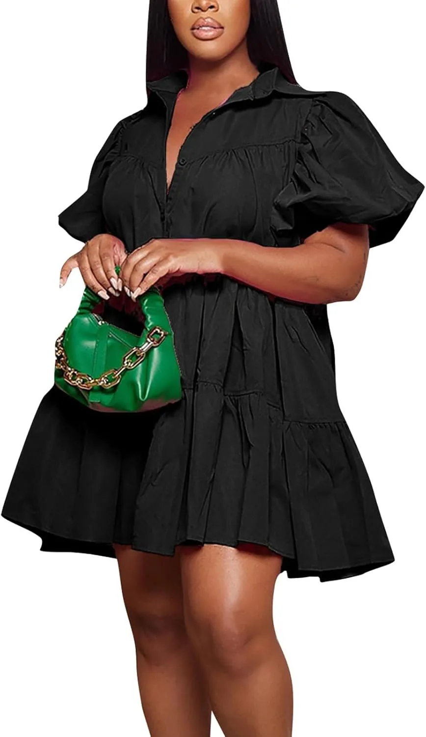 Womens Summer Dresses Casual Dress Cute Babydoll Short Sleeve Lapel Dress Boho Short Loose Flowy Shirt Sundresses