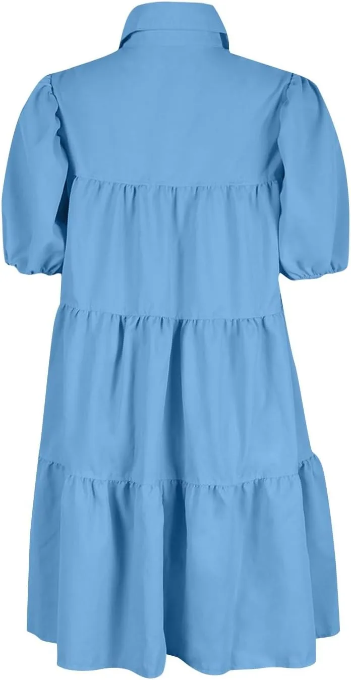 Womens Summer Dresses Casual Dress Cute Babydoll Short Sleeve Lapel Dress Boho Short Loose Flowy Shirt Sundresses