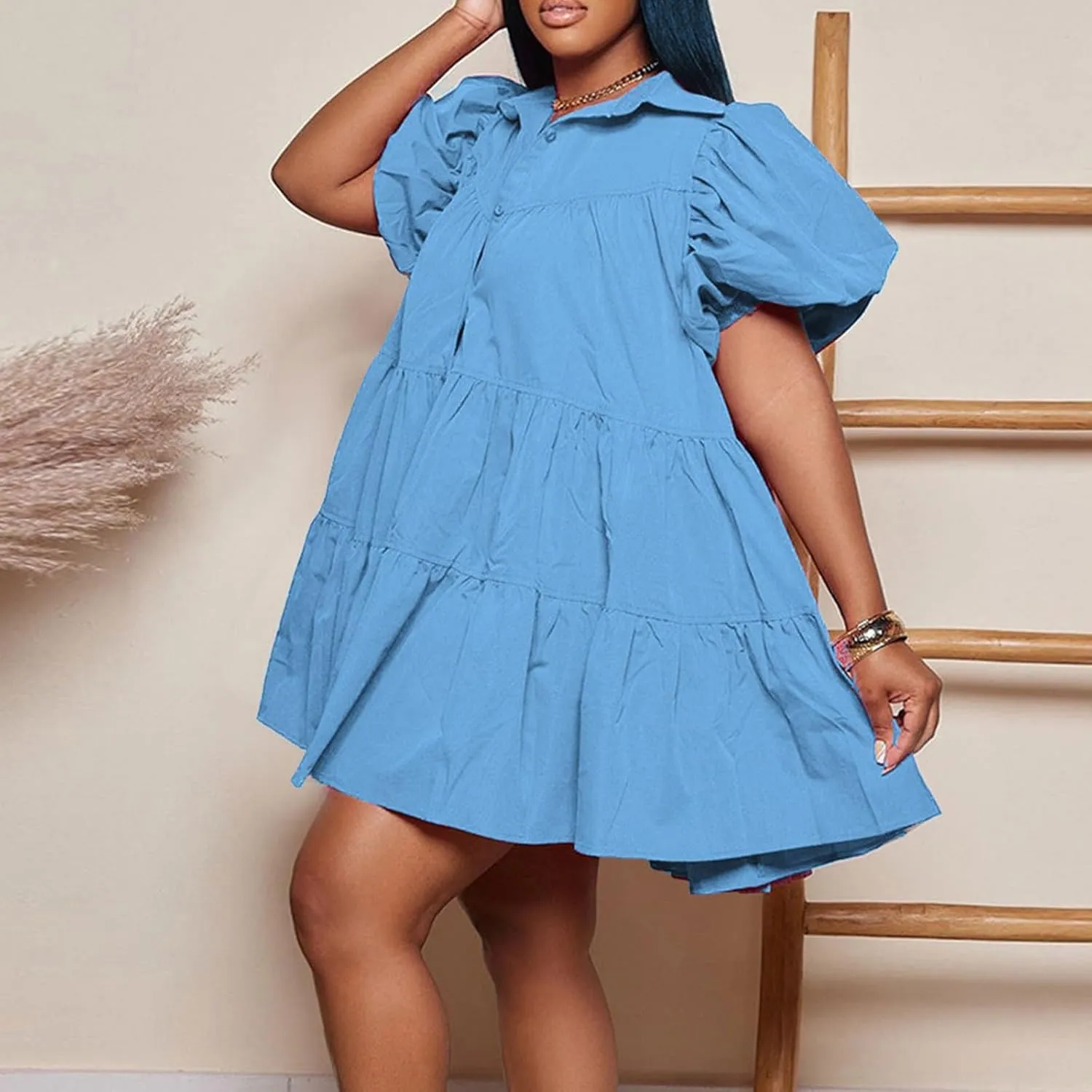 Womens Summer Dresses Casual Dress Cute Babydoll Short Sleeve Lapel Dress Boho Short Loose Flowy Shirt Sundresses