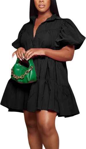 Womens Summer Dresses Casual Dress Cute Babydoll Short Sleeve Lapel Dress Boho Short Loose Flowy Shirt Sundresses