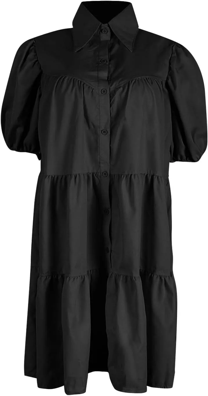 Womens Summer Dresses Casual Dress Cute Babydoll Short Sleeve Lapel Dress Boho Short Loose Flowy Shirt Sundresses