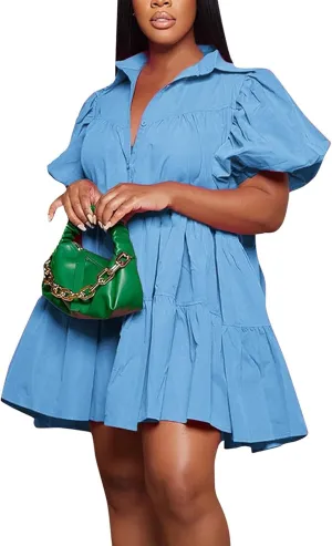 Womens Summer Dresses Casual Dress Cute Babydoll Short Sleeve Lapel Dress Boho Short Loose Flowy Shirt Sundresses