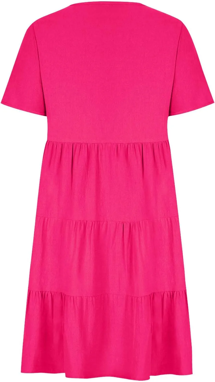 Womens Summer Dresses Casual V-Neck Short Sleeve Flowy Mini Dress Trendy Solid A-Line Ruffle Tiered Swing Dresses