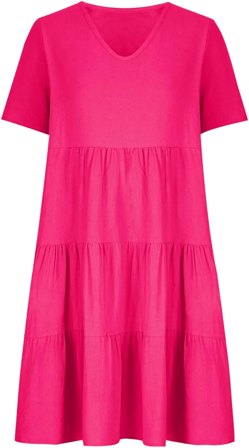 Womens Summer Dresses Casual V-Neck Short Sleeve Flowy Mini Dress Trendy Solid A-Line Ruffle Tiered Swing Dresses