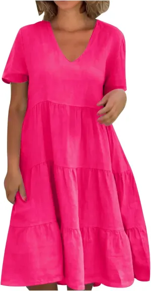 Womens Summer Dresses Casual V-Neck Short Sleeve Flowy Mini Dress Trendy Solid A-Line Ruffle Tiered Swing Dresses