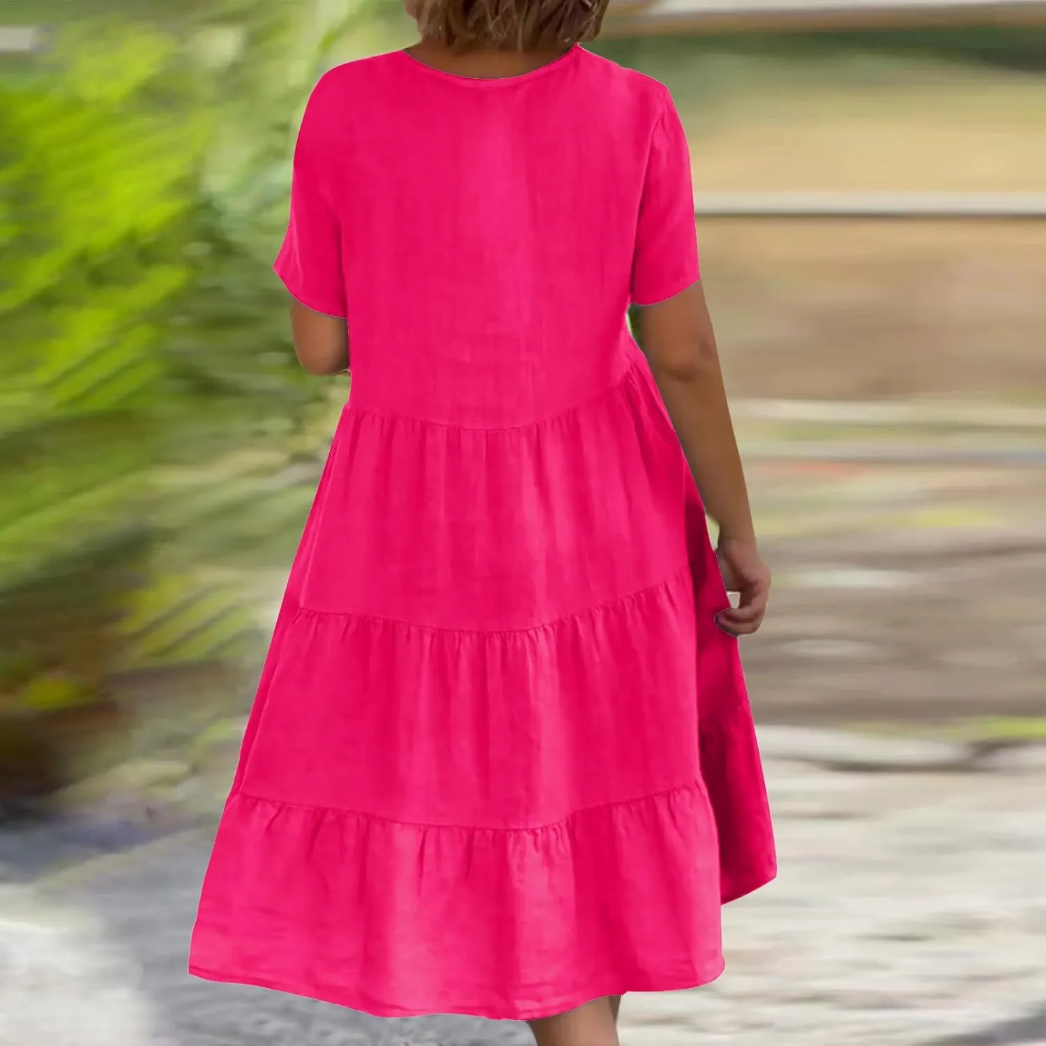 Womens Summer Dresses Casual V-Neck Short Sleeve Flowy Mini Dress Trendy Solid A-Line Ruffle Tiered Swing Dresses