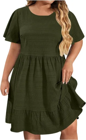 Womens Summer Dresses Fashion Plus Size Ruffle Short Sleeve Crewneck Midi Dress Casual Party Beach Vacation Dresses