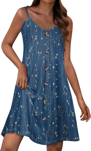 Womens Summer Dresses Floral Beach Mini Dress Button Flowy Sleeveless Beach Cover Up Spaghetti Strap Casual Sundresses