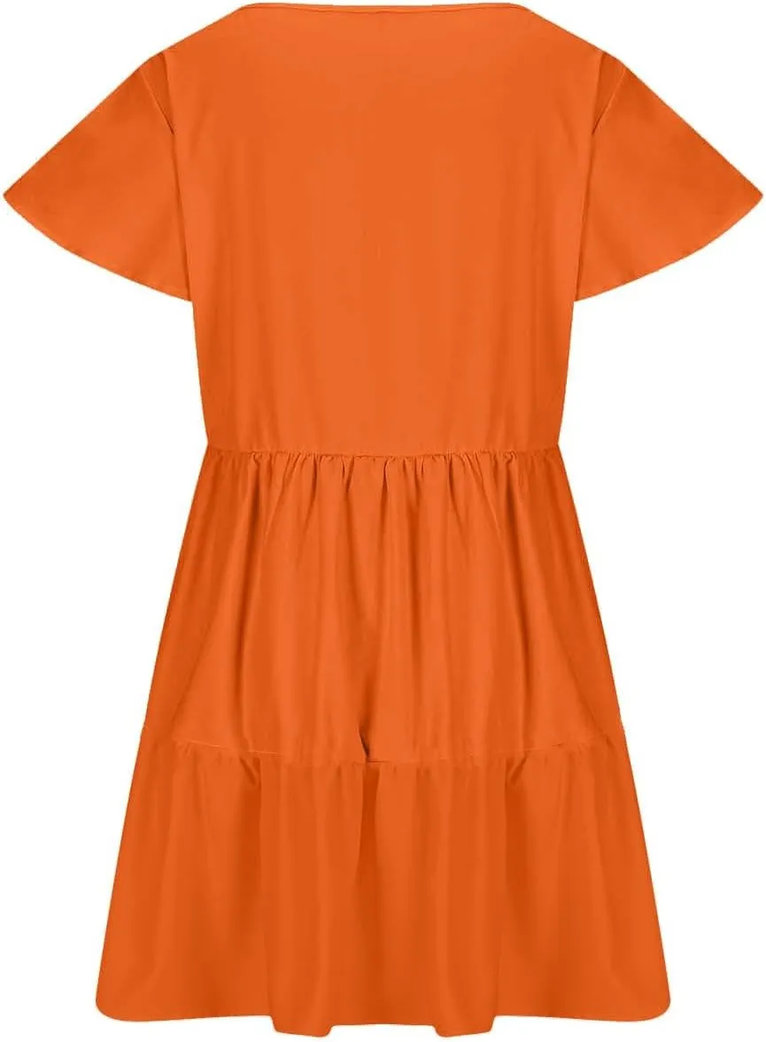 Womens Summer Dresses Ruffle Sleeve Crew Keyhole Neck Mini Dress Solid Loose Short Layered Mini Babydoll Dress