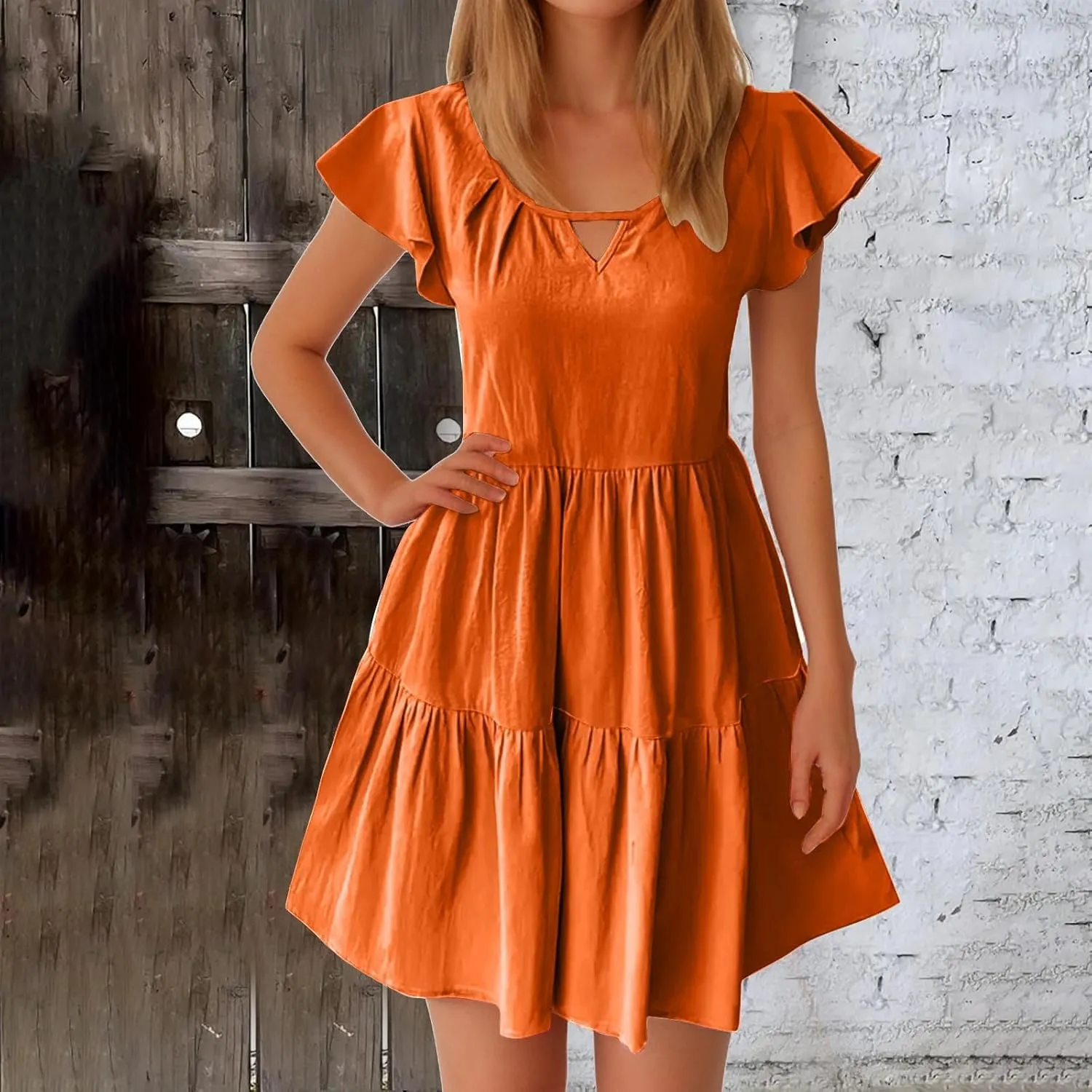Womens Summer Dresses Ruffle Sleeve Crew Keyhole Neck Mini Dress Solid Loose Short Layered Mini Babydoll Dress