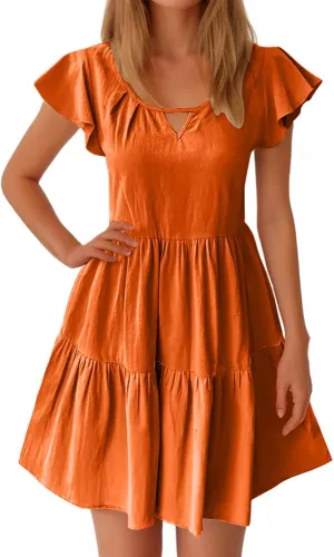 Womens Summer Dresses Ruffle Sleeve Crew Keyhole Neck Mini Dress Solid Loose Short Layered Mini Babydoll Dress