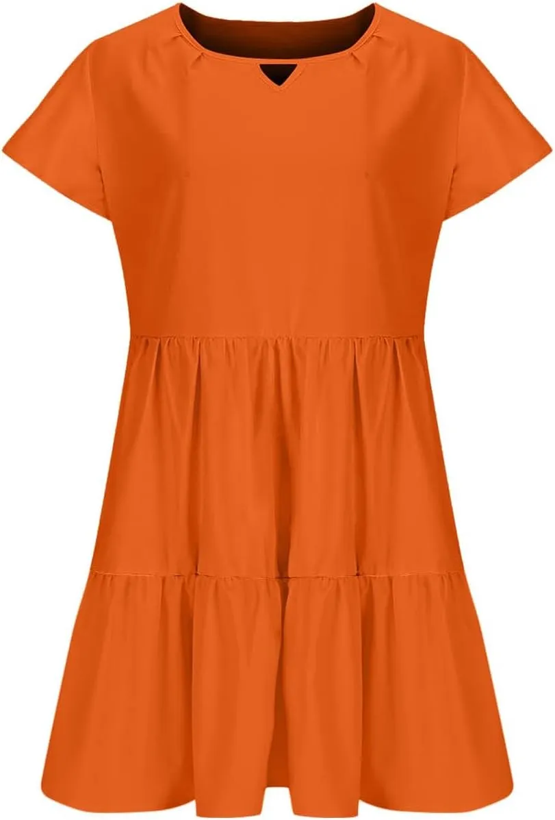 Womens Summer Dresses Ruffle Sleeve Crew Keyhole Neck Mini Dress Solid Loose Short Layered Mini Babydoll Dress