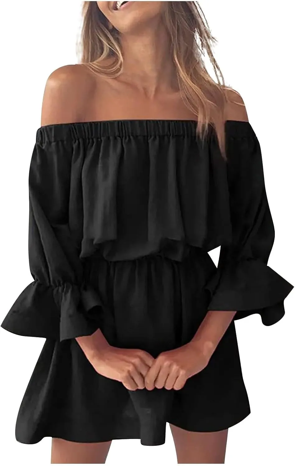 Womens Summer Dresses Sexy Off Shoulder Ruffle Dress Long Sleeve Elastic Waist A-Line Casual Swing Mini Dresses