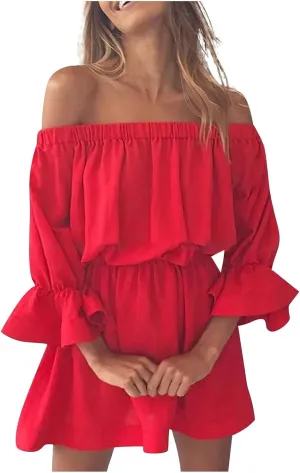 Womens Summer Dresses Sexy Off Shoulder Ruffle Dress Long Sleeve Elastic Waist A-Line Casual Swing Mini Dresses
