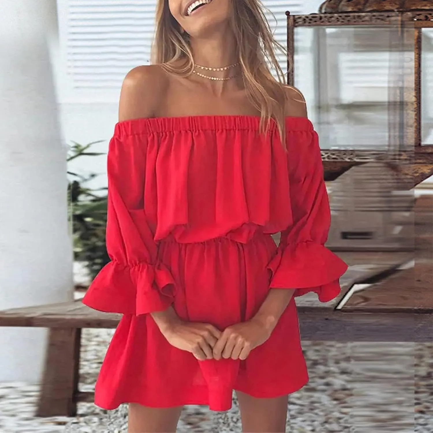 Womens Summer Dresses Sexy Off Shoulder Ruffle Dress Long Sleeve Elastic Waist A-Line Casual Swing Mini Dresses