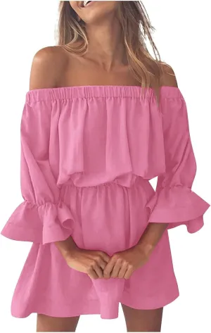 Womens Summer Dresses Sexy Off Shoulder Ruffle Dress Long Sleeve Elastic Waist A-Line Casual Swing Mini Dresses