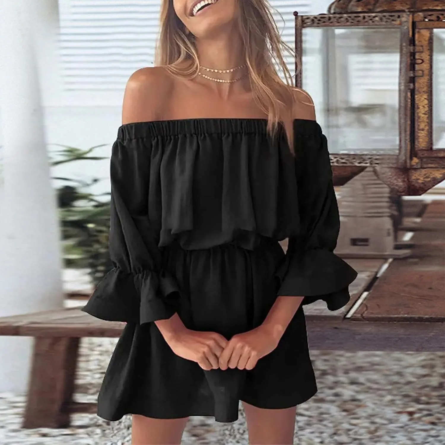 Womens Summer Dresses Sexy Off Shoulder Ruffle Dress Long Sleeve Elastic Waist A-Line Casual Swing Mini Dresses