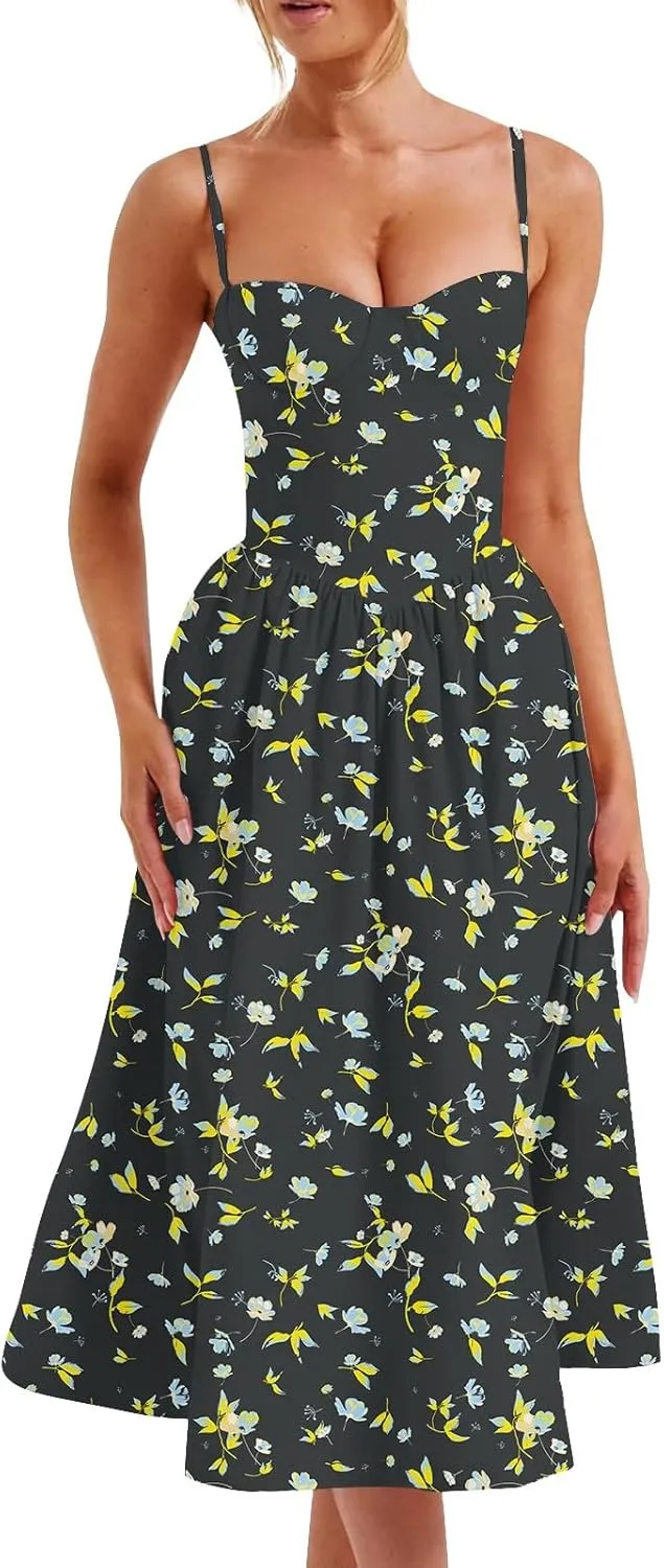 Women's Summer Fall Sexy A-Hem Mid-Length Dress Slim Waist Suspender Dresses for Women