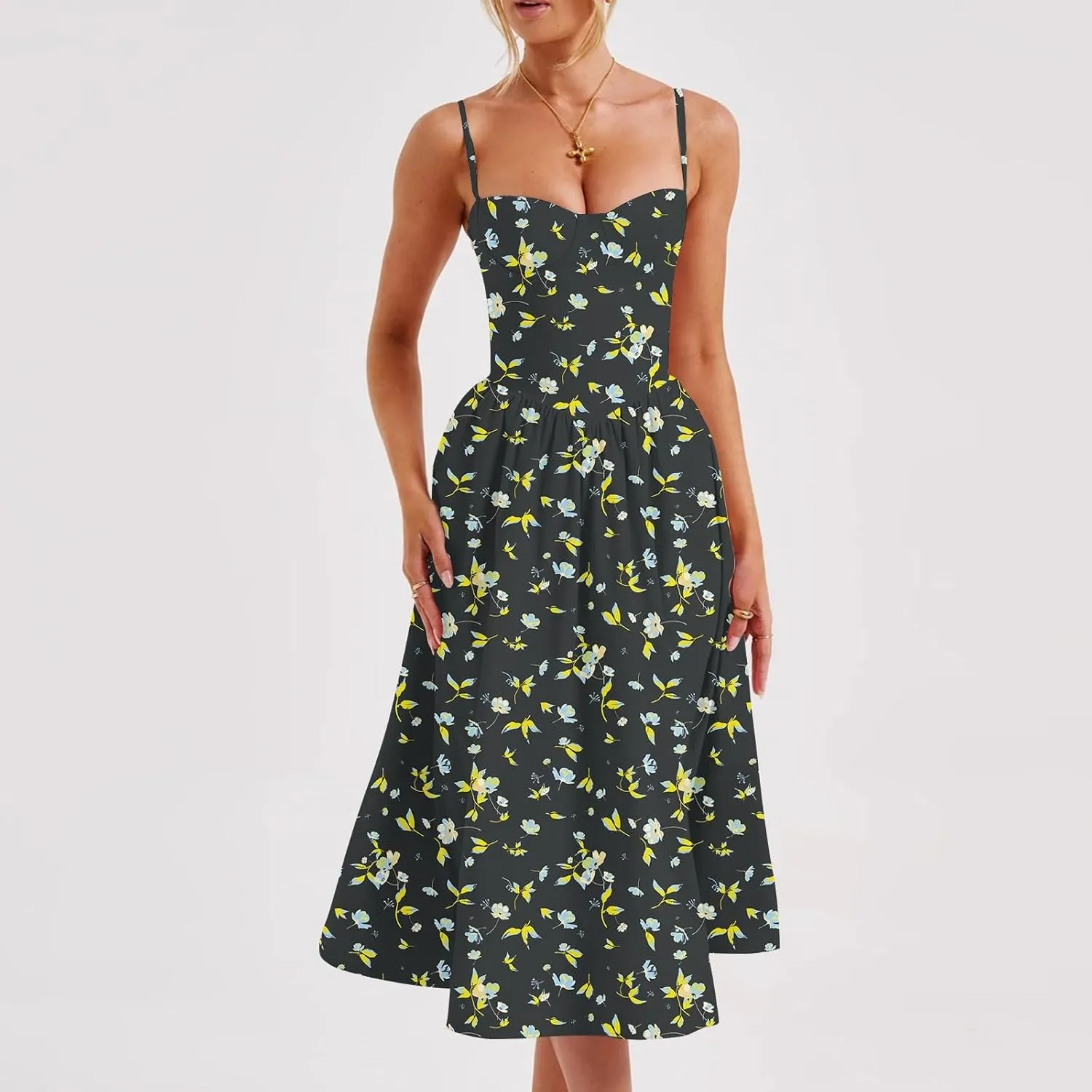 Women's Summer Fall Sexy A-Hem Mid-Length Dress Slim Waist Suspender Dresses for Women
