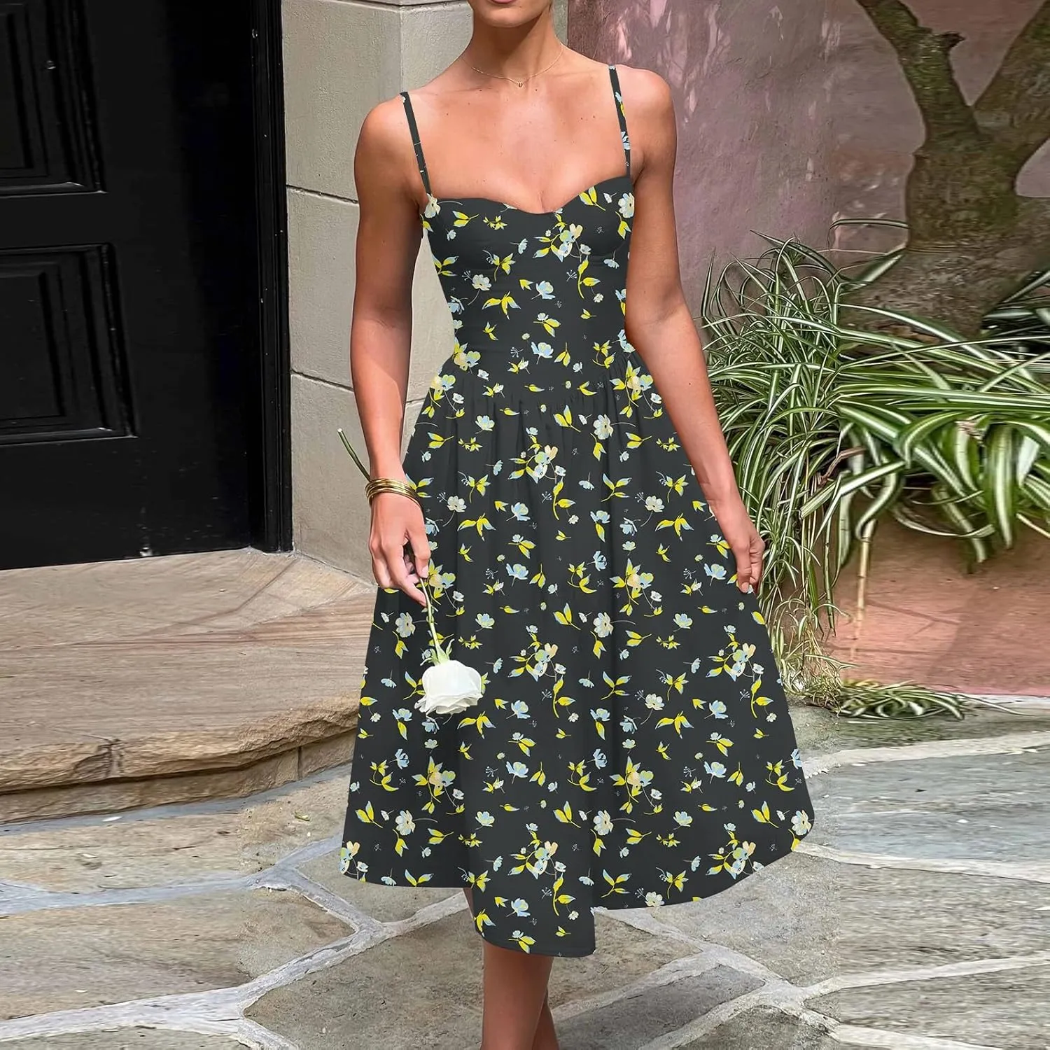 Women's Summer Fall Sexy A-Hem Mid-Length Dress Slim Waist Suspender Dresses for Women