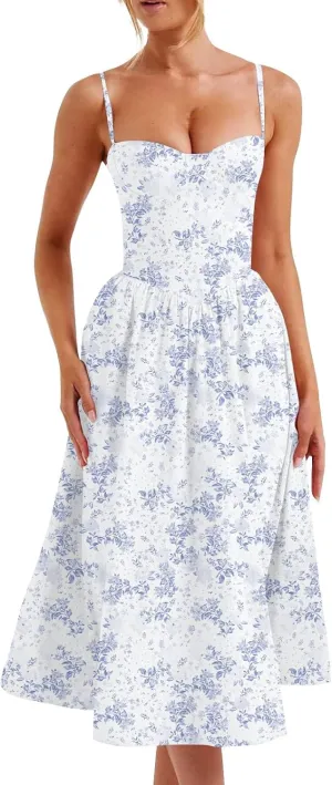 Women's Summer Fall Sexy A-Hem Mid-Length Dress Slim Waist Suspender Dresses for Women