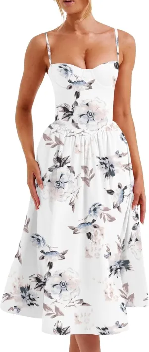 Women's Summer Fall Sexy A-Hem Mid-Length Dress Slim Waist Suspender Dresses for Women