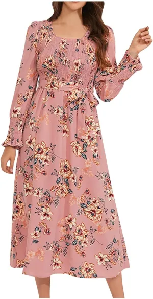 Women's Summer Maxi Dress Casual Long Sleeve Crewneck Flowy Slit Beach Swing Tiered Long Beach Dresses with Belt