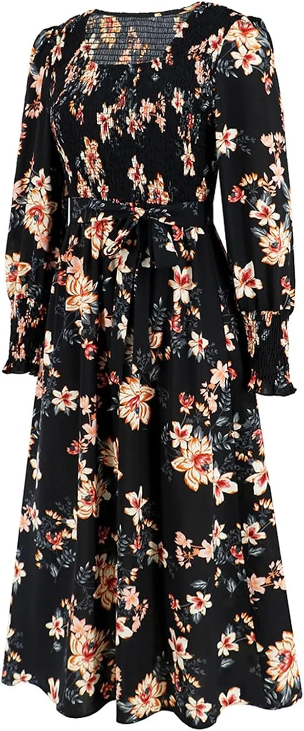 Women's Summer Maxi Dress Casual Long Sleeve Crewneck Flowy Slit Beach Swing Tiered Long Beach Dresses with Belt