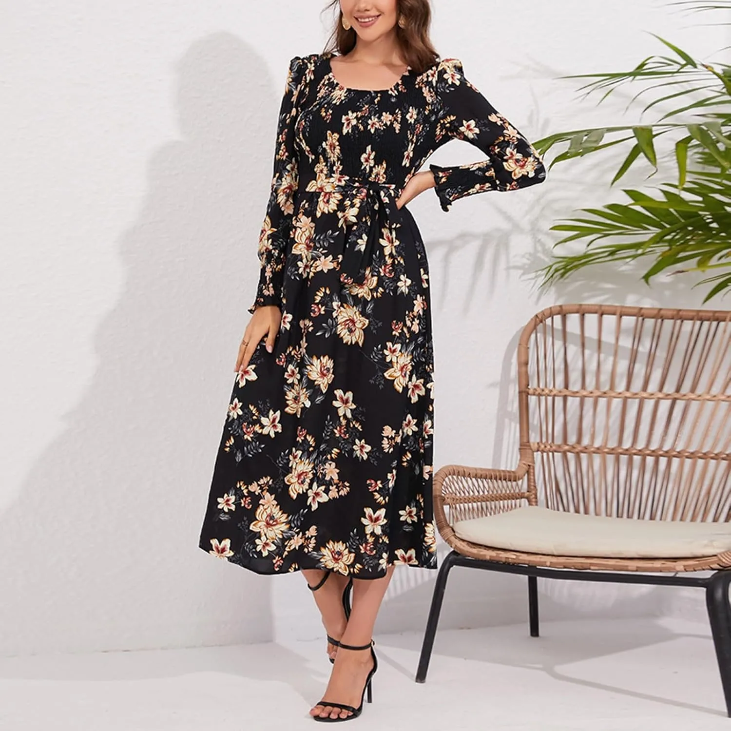 Women's Summer Maxi Dress Casual Long Sleeve Crewneck Flowy Slit Beach Swing Tiered Long Beach Dresses with Belt