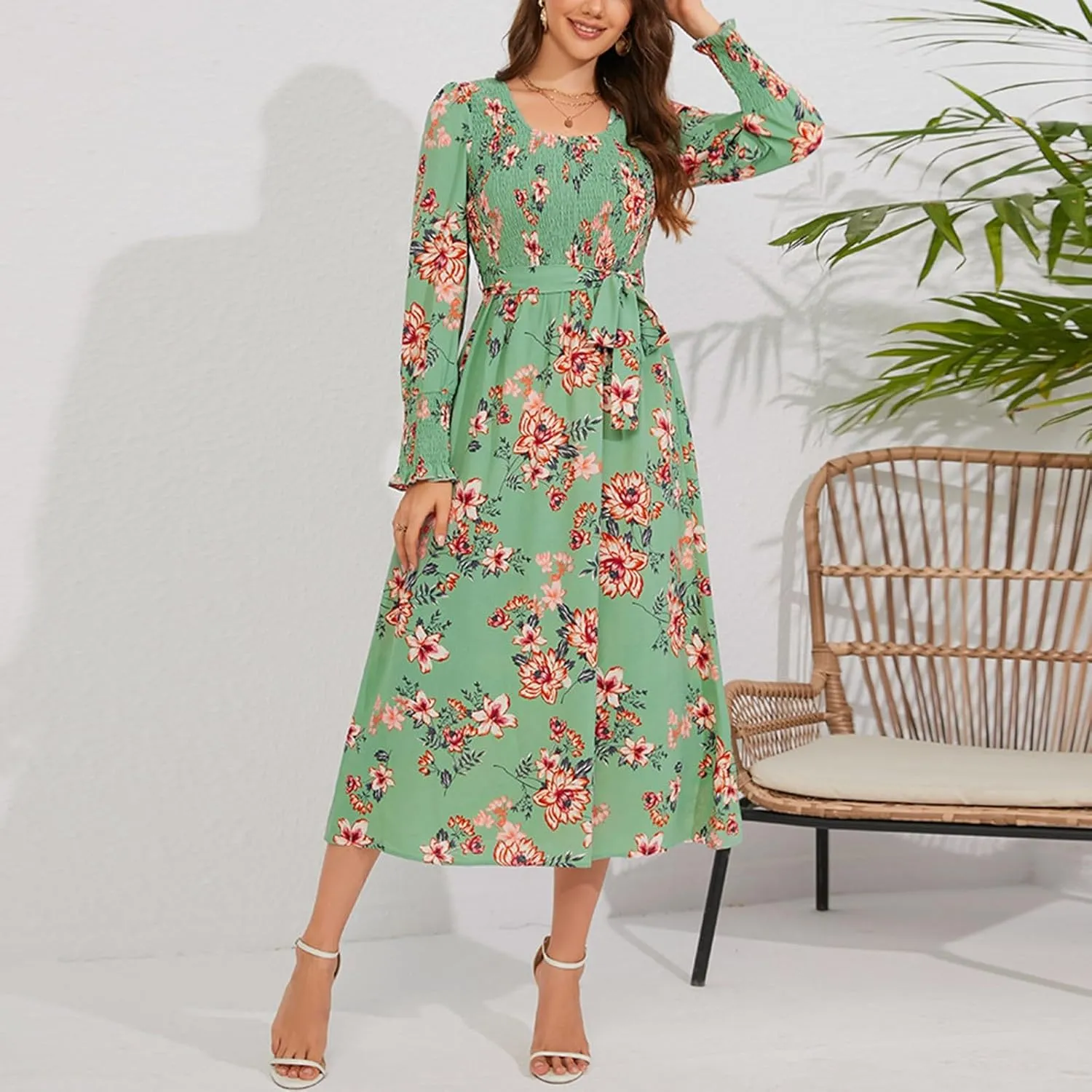 Women's Summer Maxi Dress Casual Long Sleeve Crewneck Flowy Slit Beach Swing Tiered Long Beach Dresses with Belt