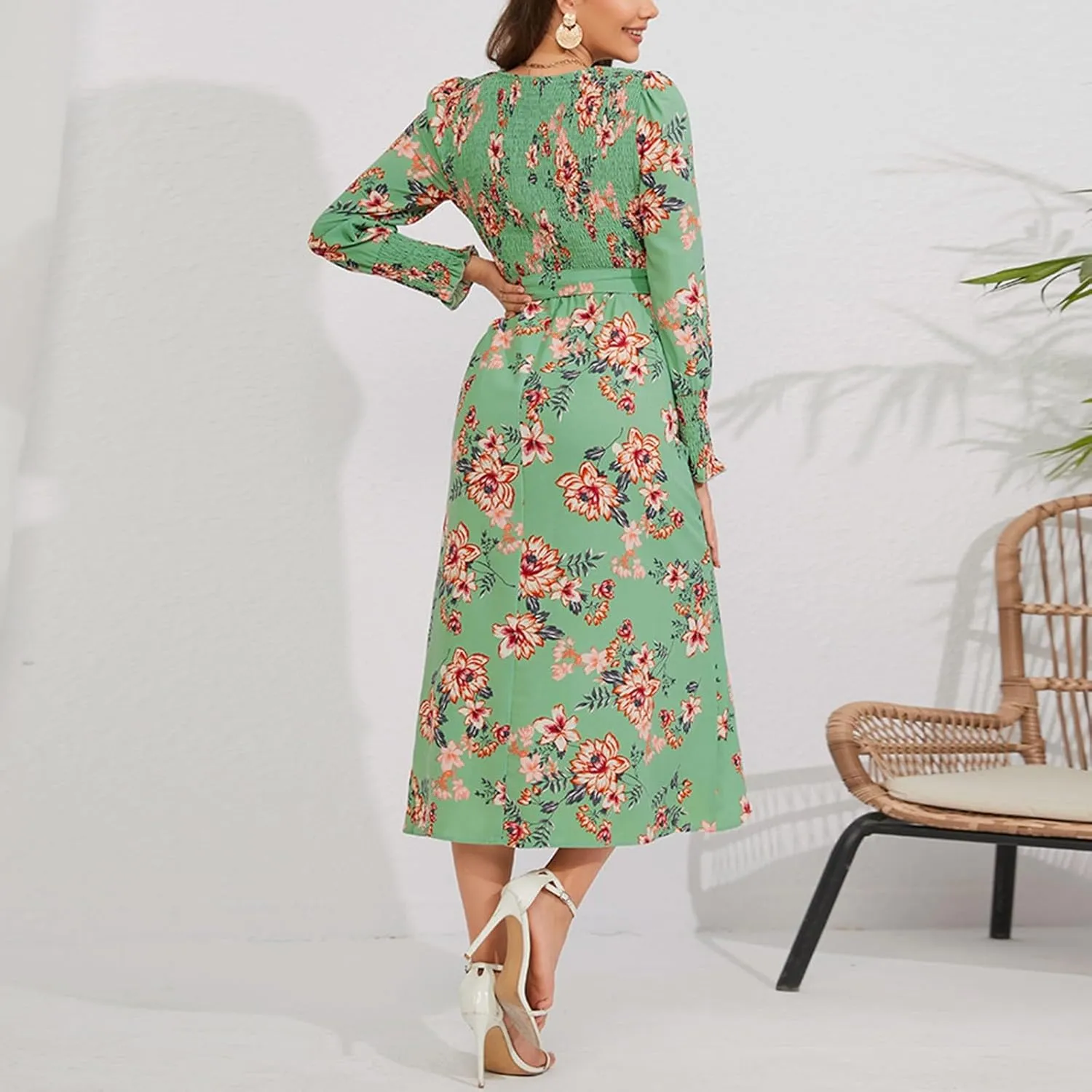 Women's Summer Maxi Dress Casual Long Sleeve Crewneck Flowy Slit Beach Swing Tiered Long Beach Dresses with Belt