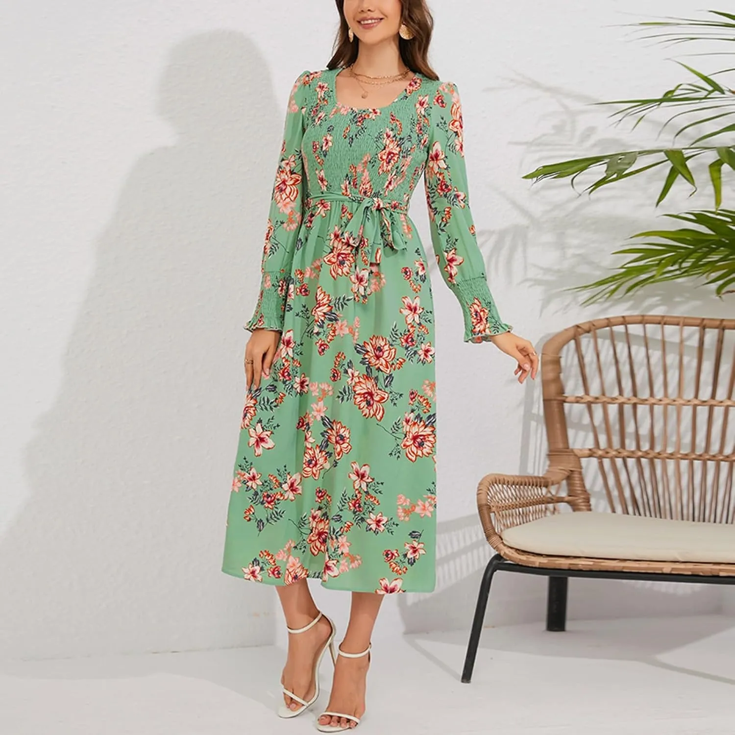 Women's Summer Maxi Dress Casual Long Sleeve Crewneck Flowy Slit Beach Swing Tiered Long Beach Dresses with Belt