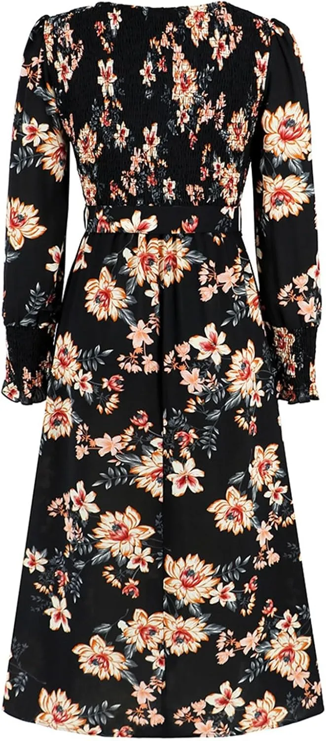 Women's Summer Maxi Dress Casual Long Sleeve Crewneck Flowy Slit Beach Swing Tiered Long Beach Dresses with Belt
