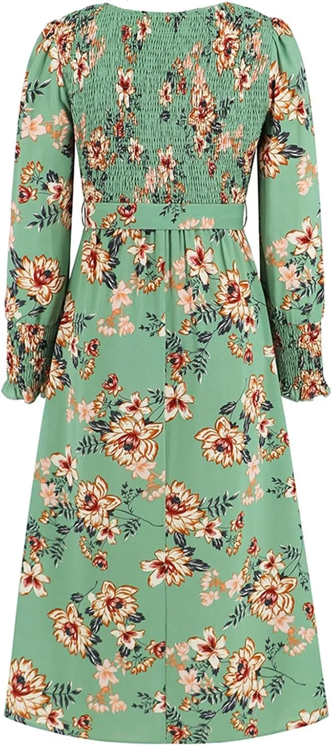 Women's Summer Maxi Dress Casual Long Sleeve Crewneck Flowy Slit Beach Swing Tiered Long Beach Dresses with Belt