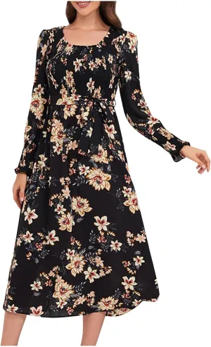 Women's Summer Maxi Dress Casual Long Sleeve Crewneck Flowy Slit Beach Swing Tiered Long Beach Dresses with Belt