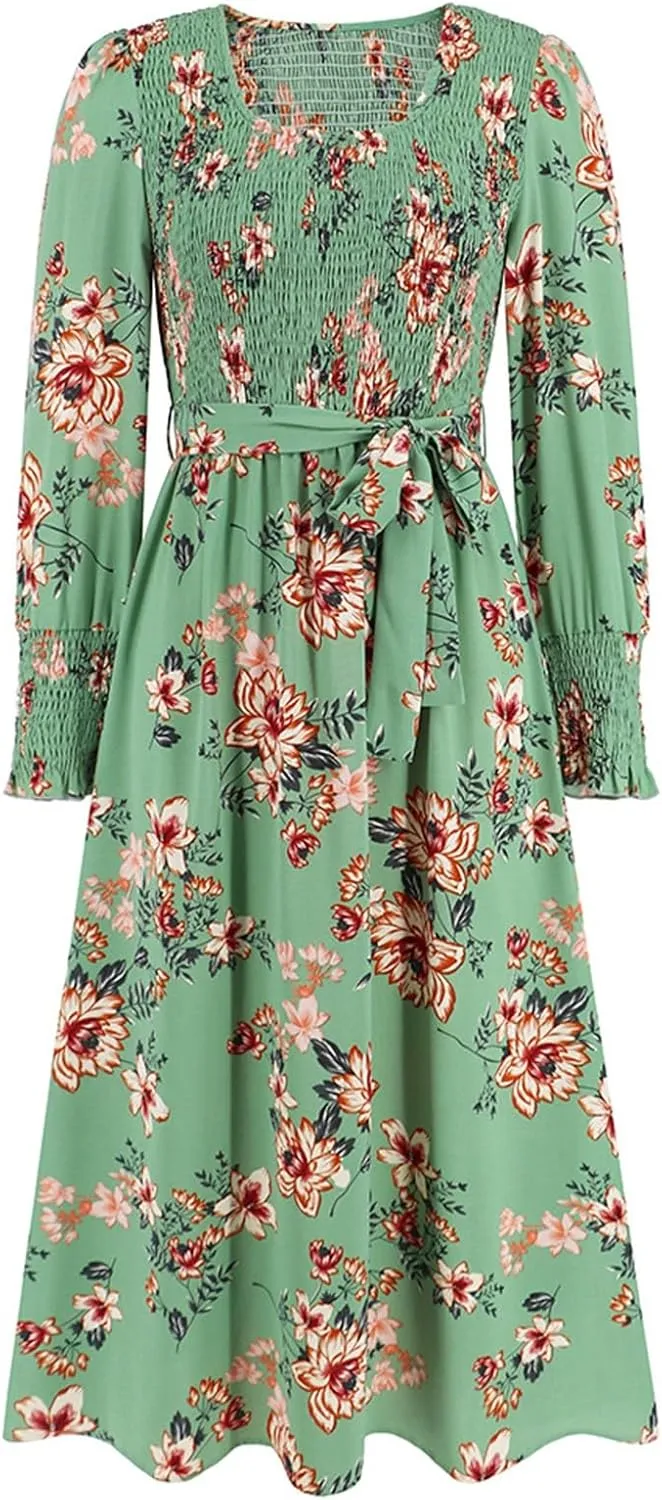 Women's Summer Maxi Dress Casual Long Sleeve Crewneck Flowy Slit Beach Swing Tiered Long Beach Dresses with Belt