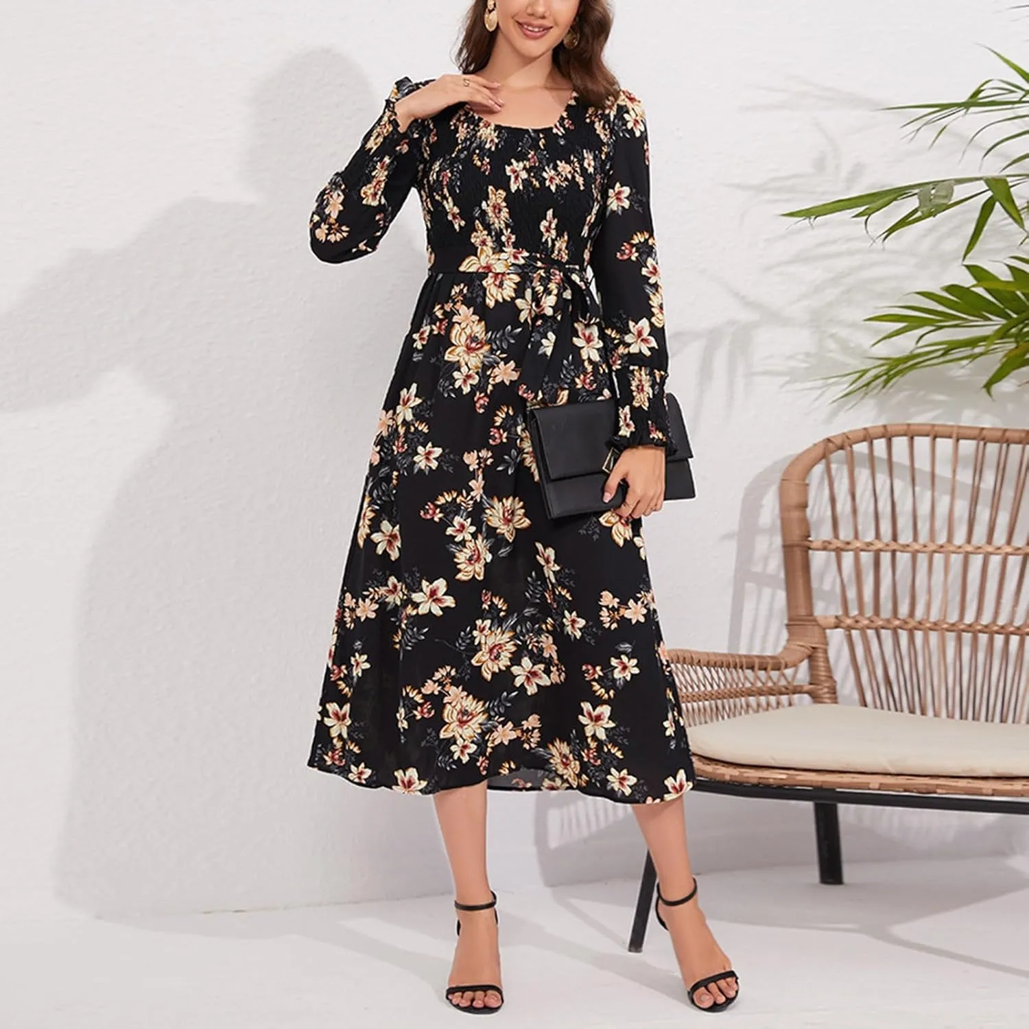 Women's Summer Maxi Dress Casual Long Sleeve Crewneck Flowy Slit Beach Swing Tiered Long Beach Dresses with Belt