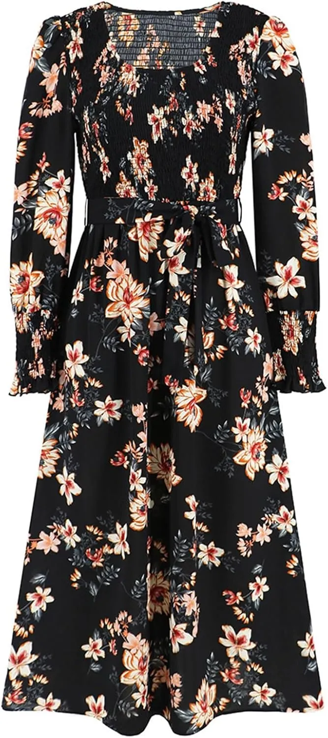 Women's Summer Maxi Dress Casual Long Sleeve Crewneck Flowy Slit Beach Swing Tiered Long Beach Dresses with Belt