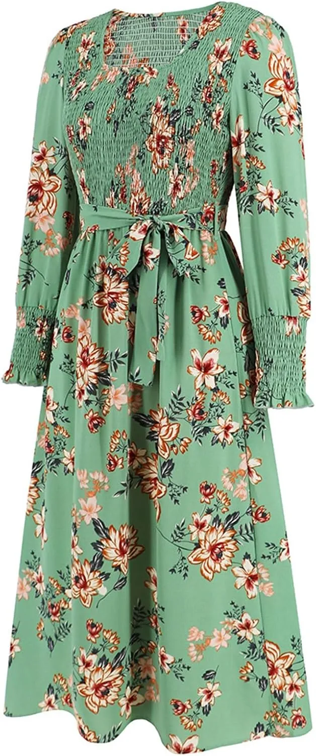 Women's Summer Maxi Dress Casual Long Sleeve Crewneck Flowy Slit Beach Swing Tiered Long Beach Dresses with Belt