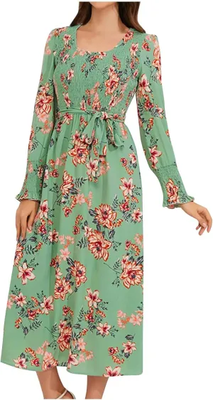 Women's Summer Maxi Dress Casual Long Sleeve Crewneck Flowy Slit Beach Swing Tiered Long Beach Dresses with Belt
