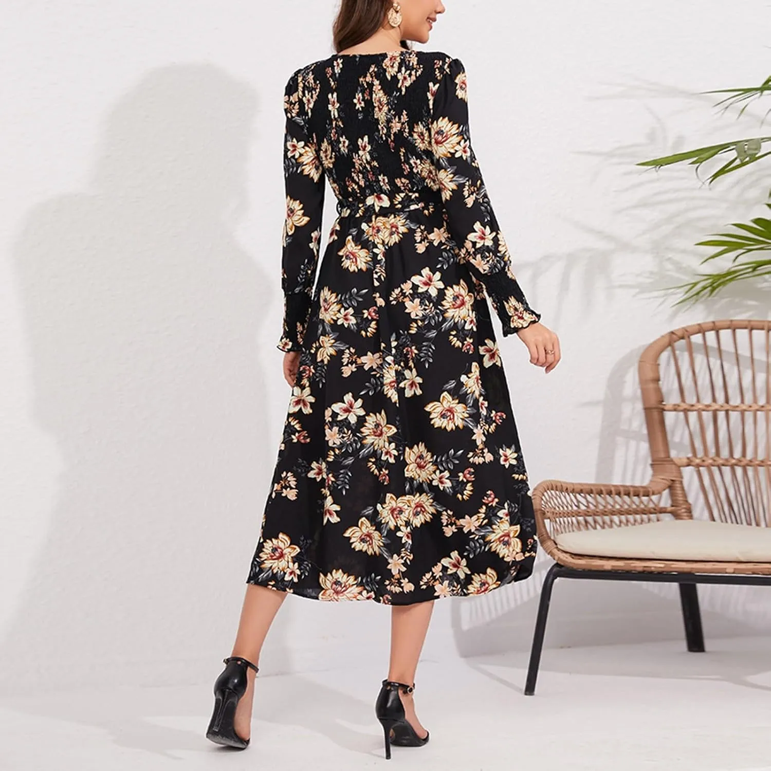 Women's Summer Maxi Dress Casual Long Sleeve Crewneck Flowy Slit Beach Swing Tiered Long Beach Dresses with Belt