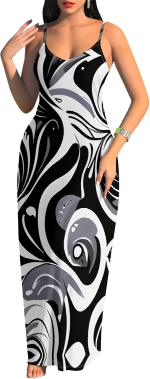 Women's Summer Maxi Dress Casual V-Neck African Print Sleeveless Spaghetti Strap Long Maxi Dresses Sexy Floral Beach Sundress